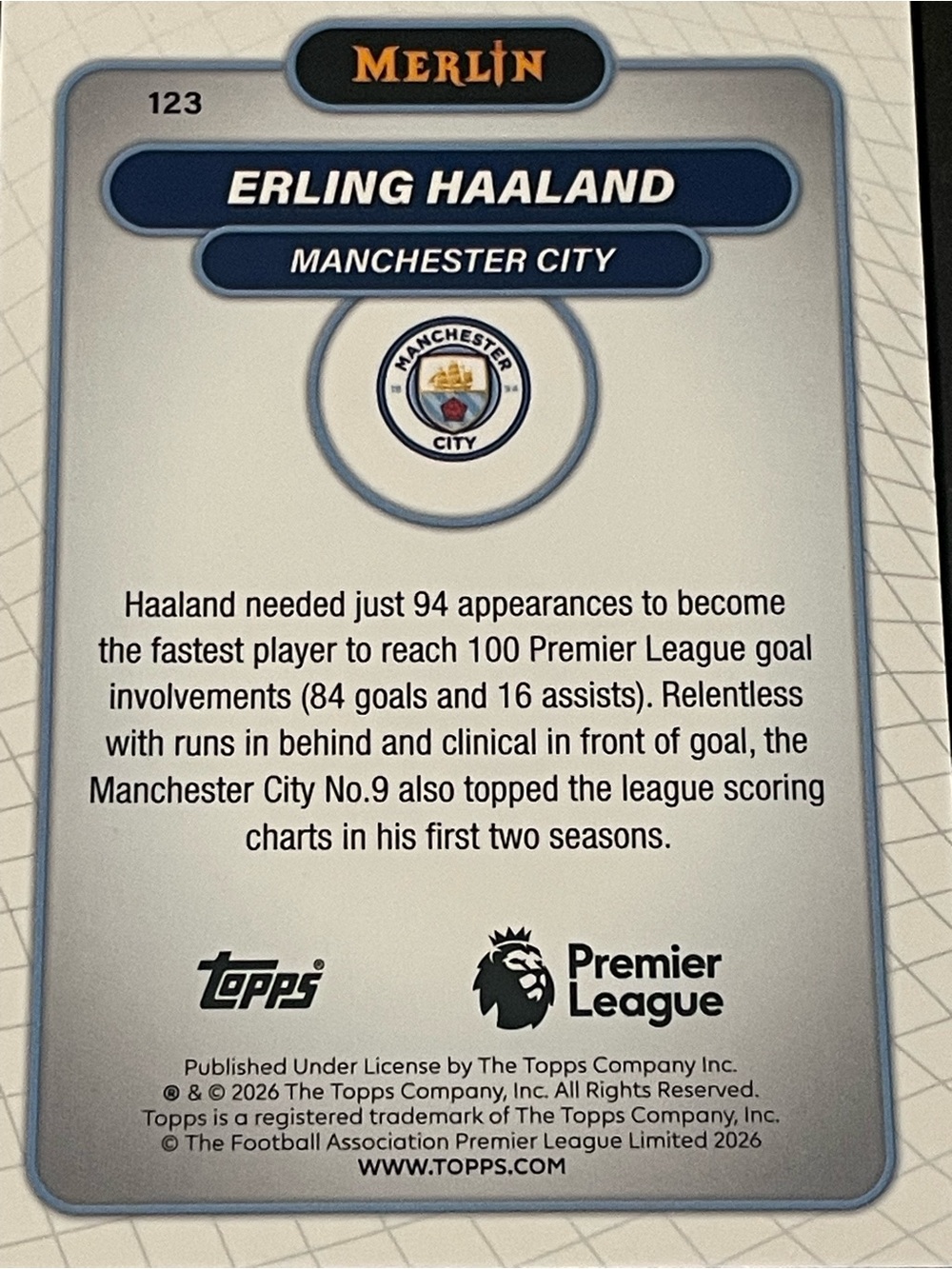 2026 Merlin Premier League Erling Haaland Manchester City #123 Base Card - Picture 6 of 6